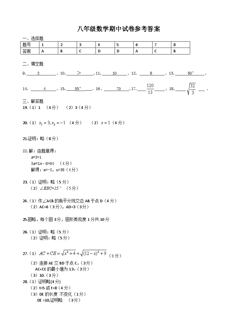 八年级数学期中试卷参考答案第1页