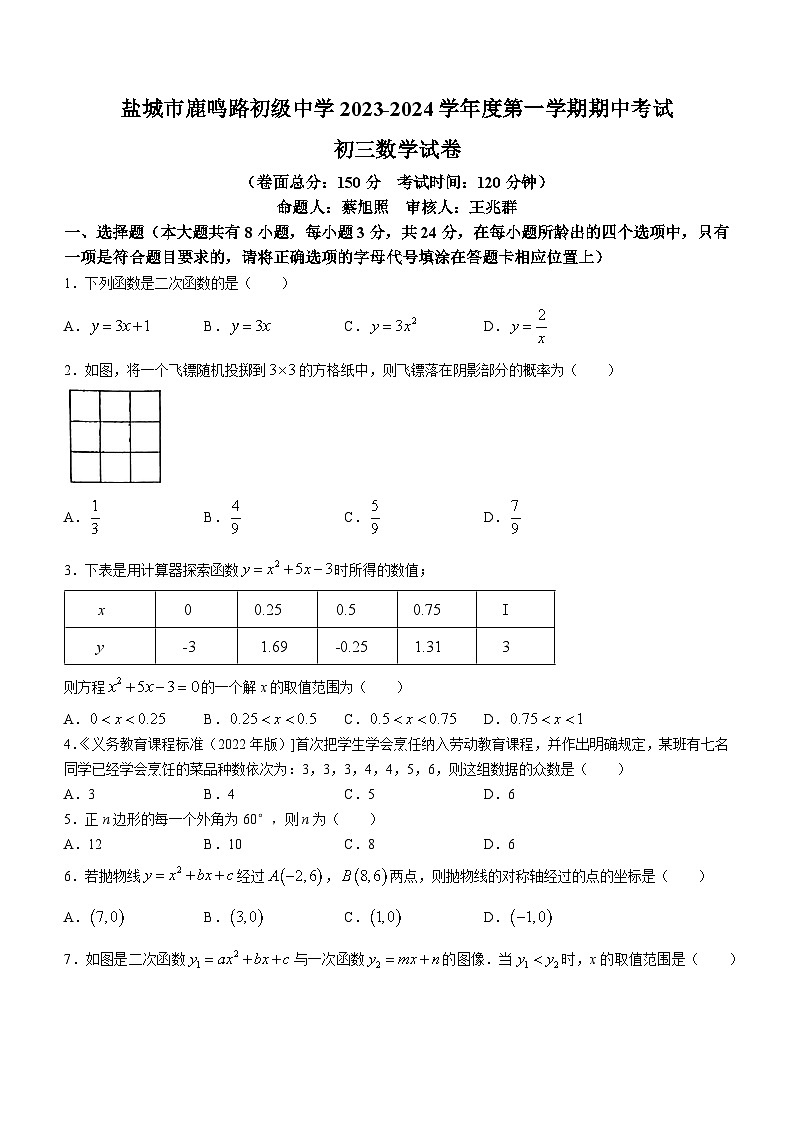 江苏省盐城市盐都区鹿鸣路初级中学2023-2024学年九年级上学期期中数学试题(无答案)01