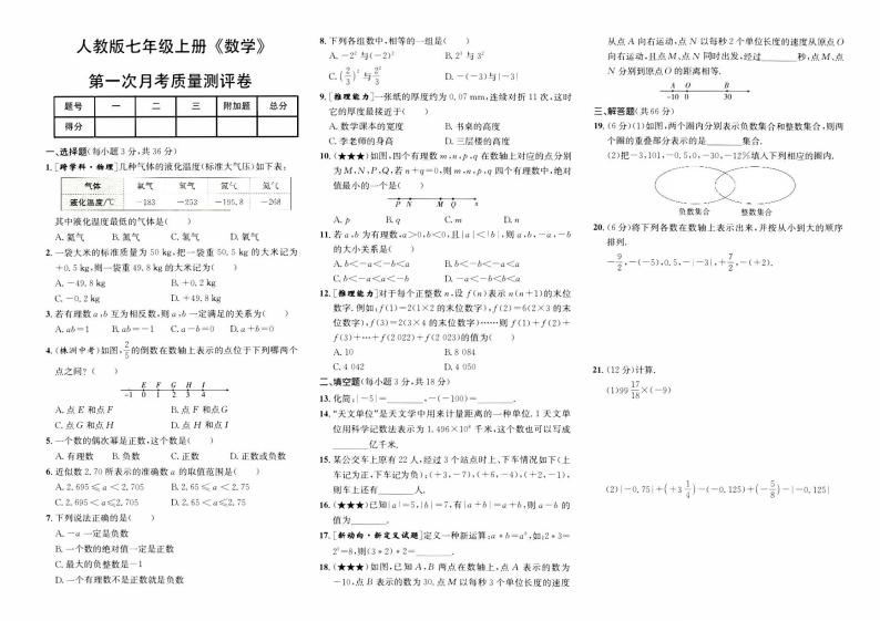 人教版版七年级上册《数学》第一次月考质量评测卷【含答案】01