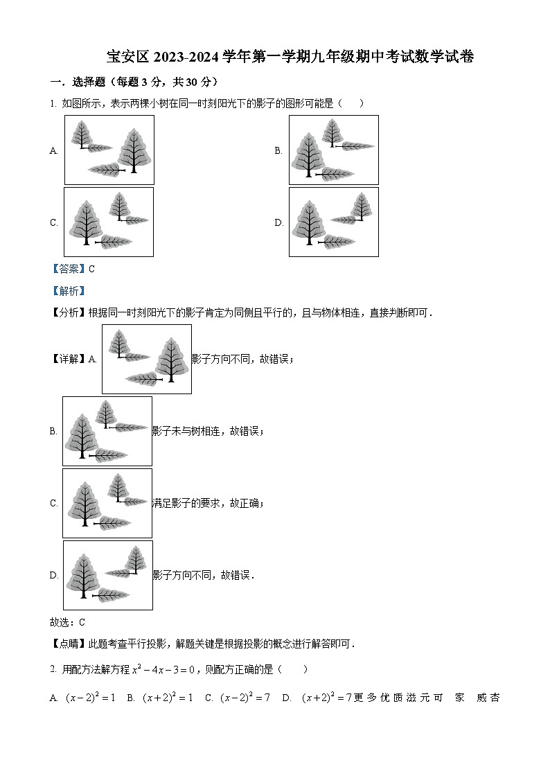 广东省深圳市宝安区2023-2024学年九年级上学期期中数学试题（解析版）01