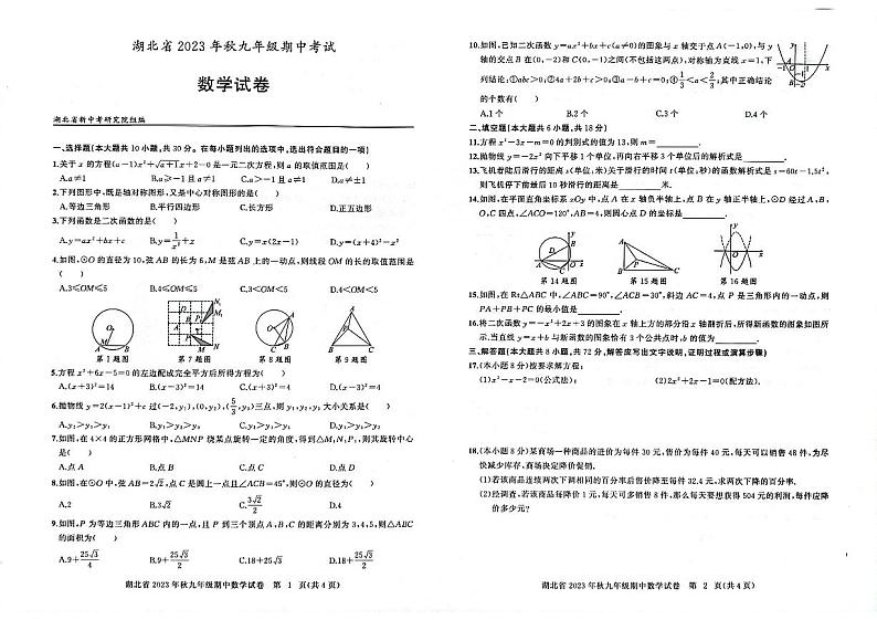 湖北省部分学校2023-2024学年九年级上学期期中考试数学试题01