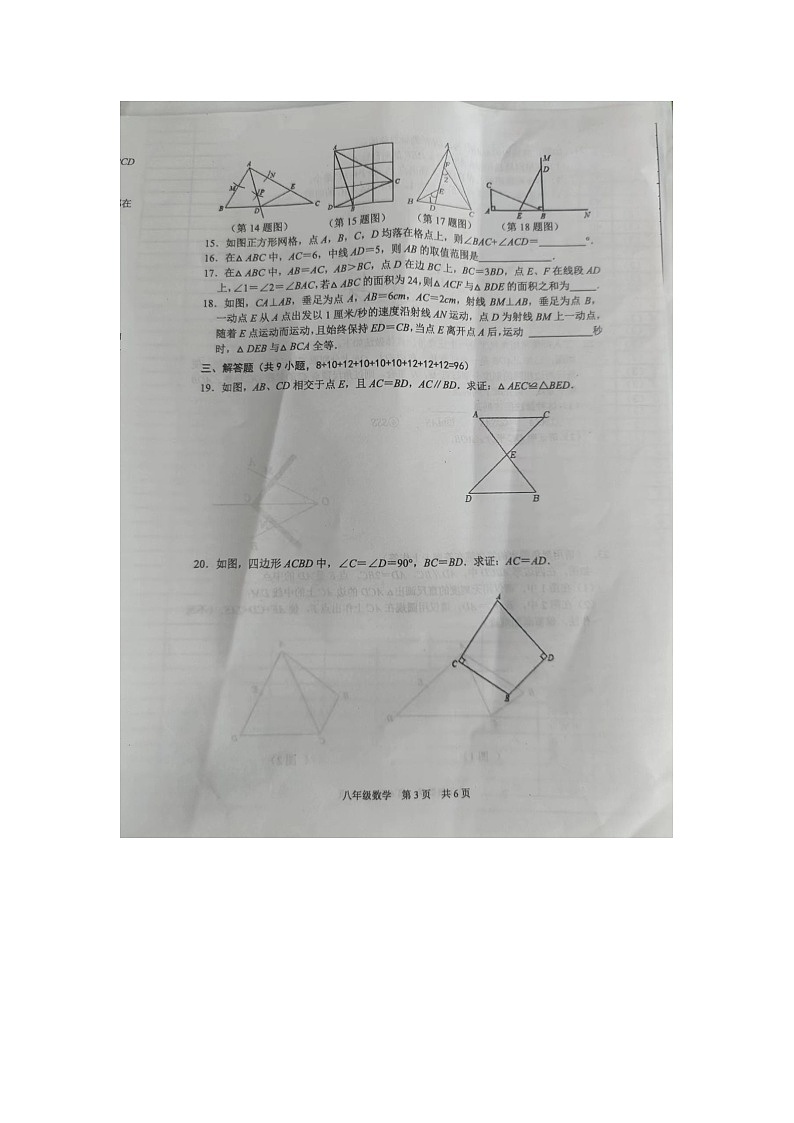 江苏省宿迁市宿豫区来龙学校2023-2024学年上学期 八年级 数学10月月考试卷第3页