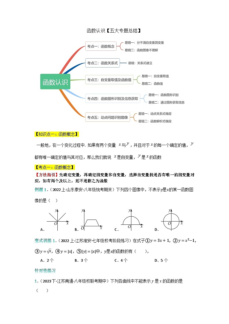 专题复习01：函数认识【五大专题总结】-2023-2024学年八年级数学上册一次函数专题复习（苏科版）01