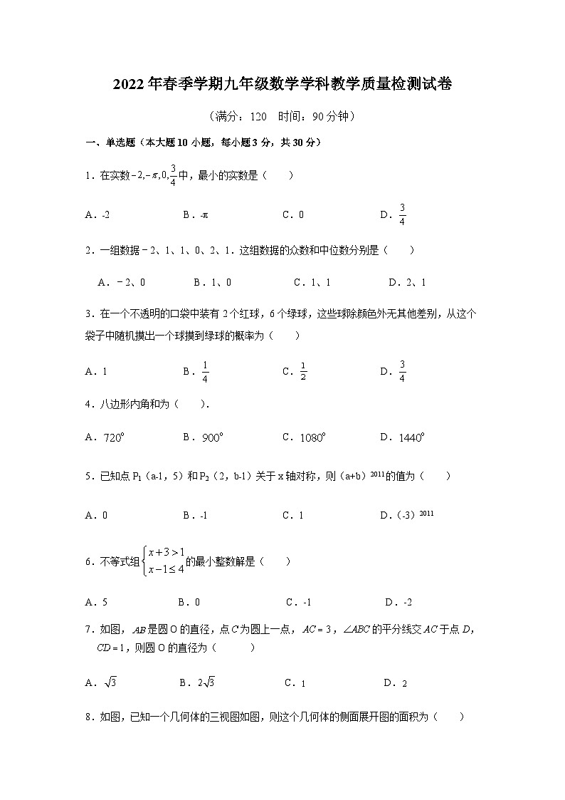 2022年广东省惠州市博罗县九年级一模数学试题01