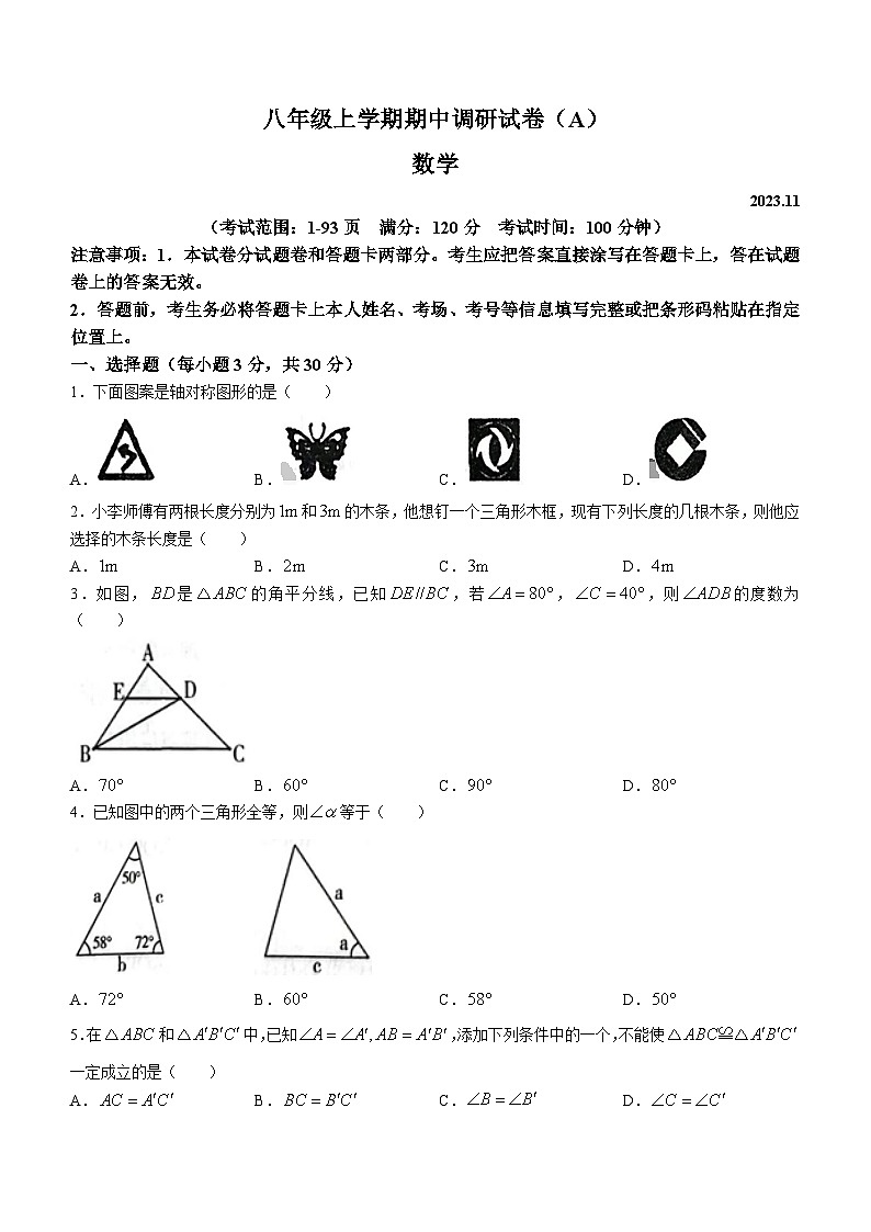 河南省安阳市滑县2023-2024学年八年级上学期期中数学试题第1页