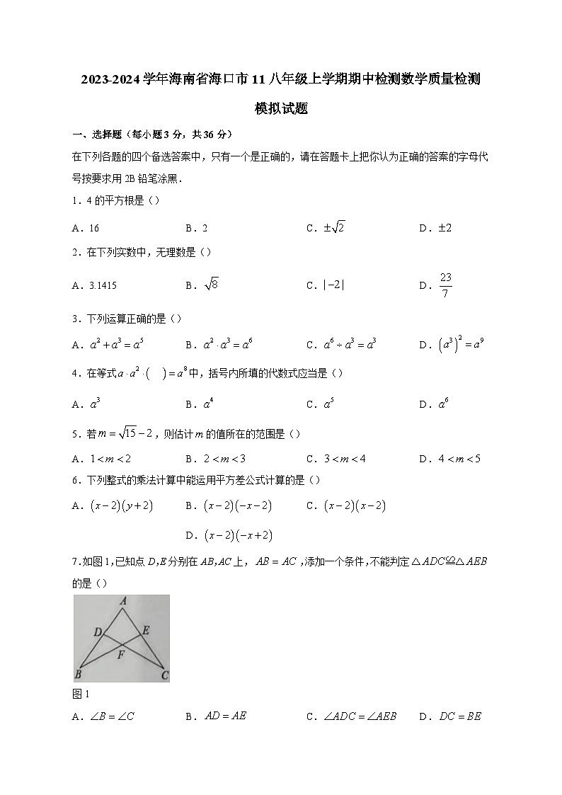 2023-2024学年海南省海口市11八年级上学期期中检测数学质量检测模拟试题（含解析）第1页