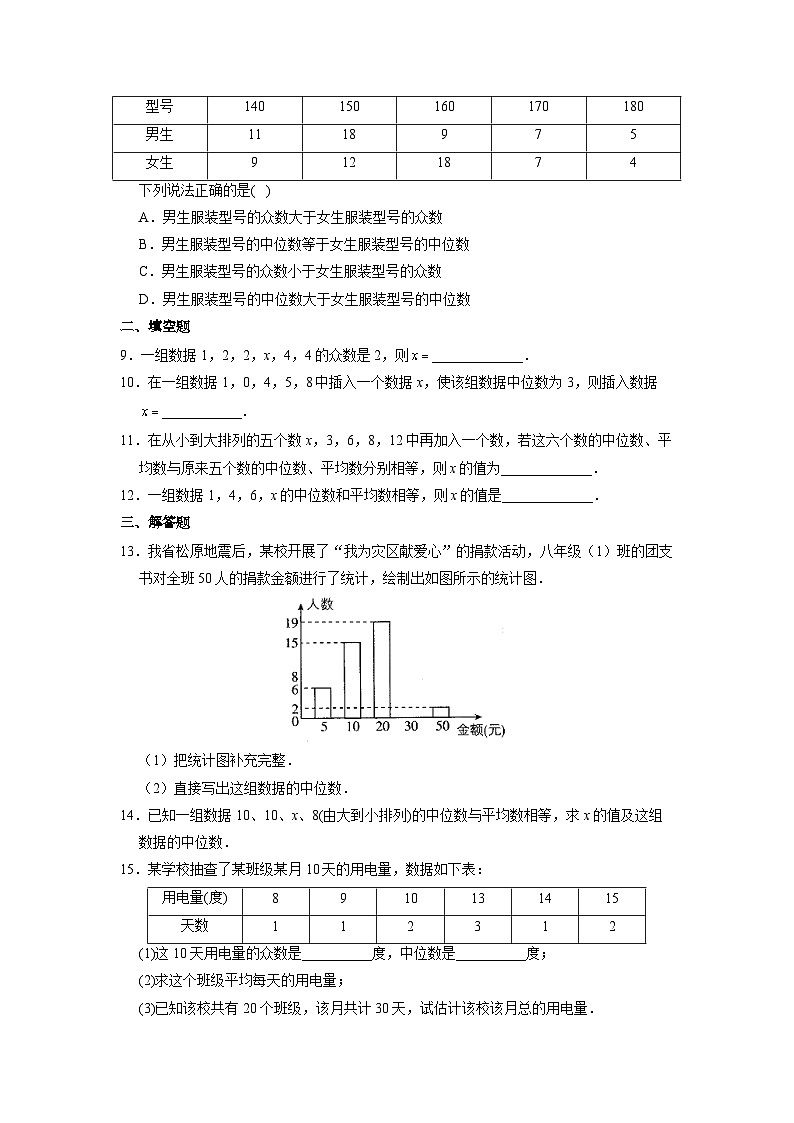 人教版八年级下册数学20.1.2 中位数和众数   课时练1第2页