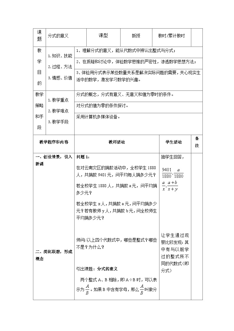 沪教版（上海）初中数学七年级第一学期10.1分式的意义教案01