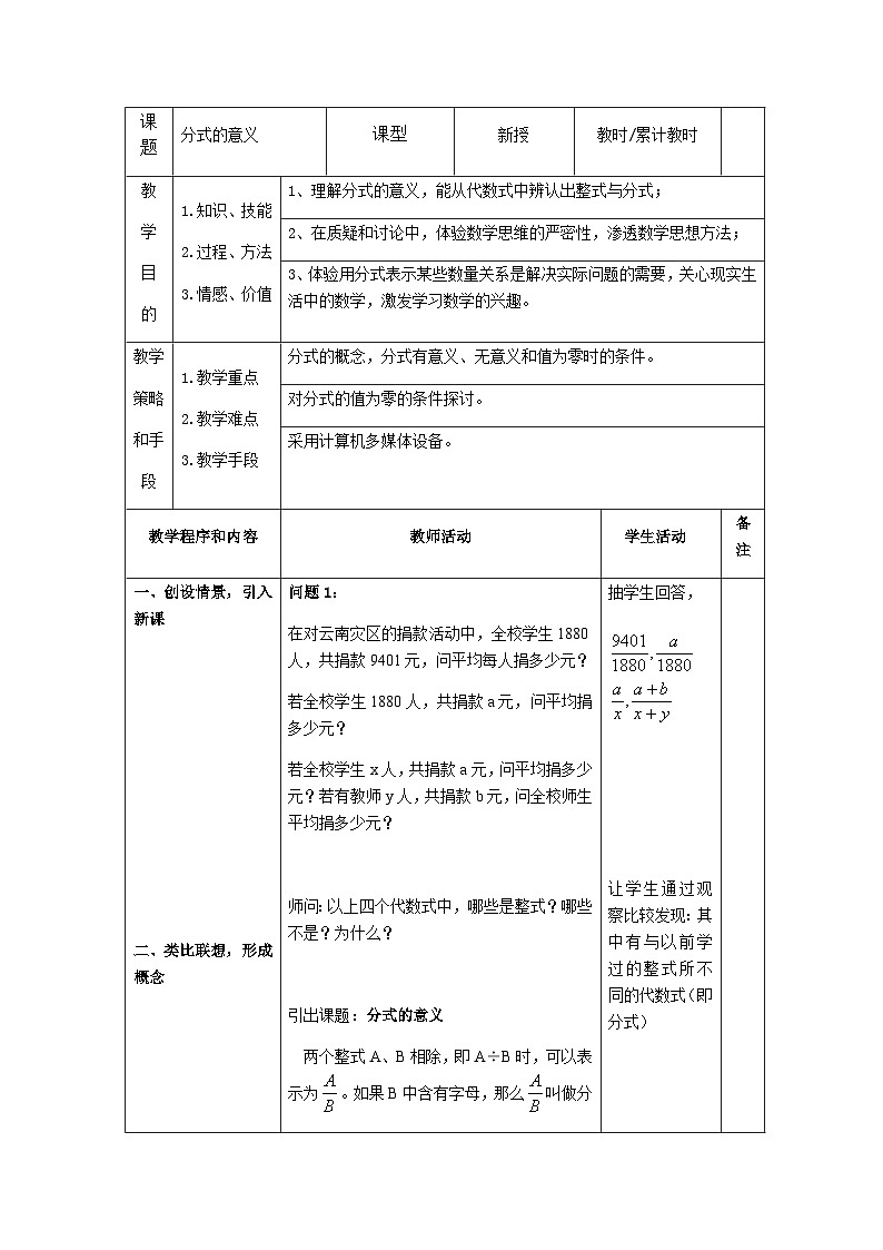 沪教版（上海）初中数学七年级第一学期10.1分式的意义教案01