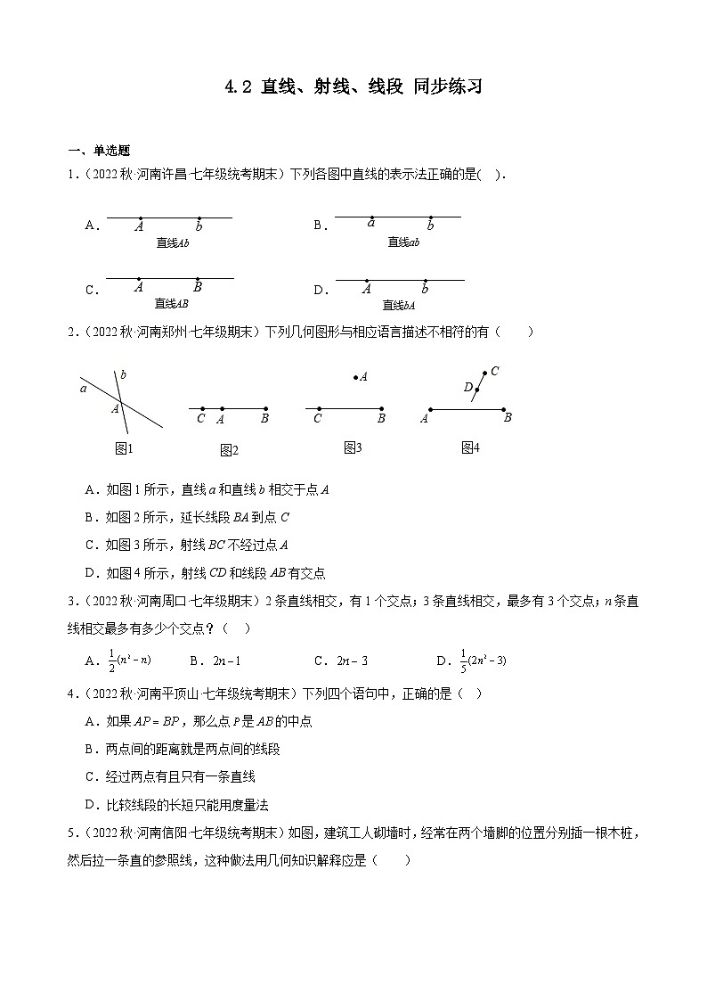 4.2 直线、射线、线段 同步练习 2022-2023学年上学期河南省各地七年级数学期末试题选编(含解析)01