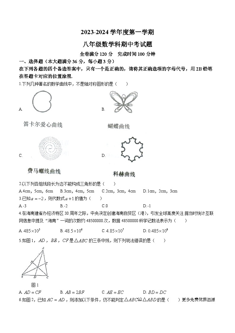 海南省省直辖县级行政单位文昌市2023-2024学年八年级上学期期中数学试题(无答案)01