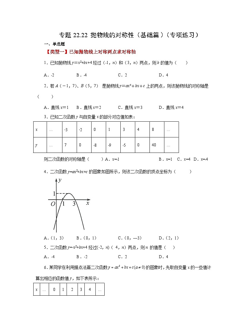 人教版九年级数学上册 22.22 抛物线的对称性（基础篇）（专项练习）01
