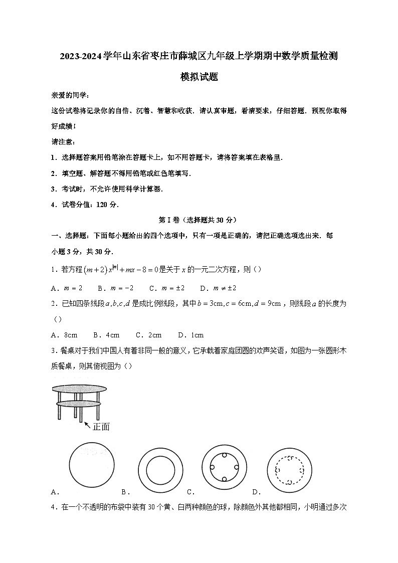 2023-2024学年山东省枣庄市薛城区九年级上册期中数学学情检测模拟试题（含答案）01