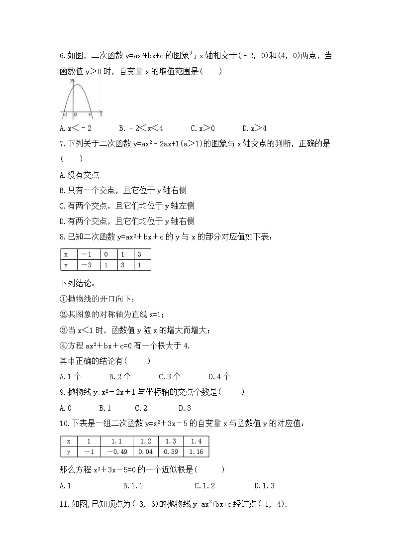 人教版数学九年级上册 22.2 二次函数与一元二次方程  课时练102