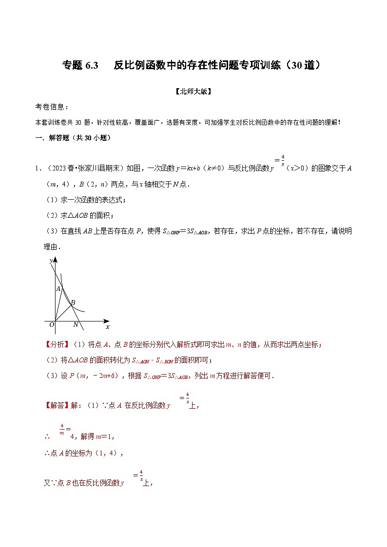 北师大版九年级数学上册 专题6.3 反比例函数中的存在性问题专项训练（30道）（举一反三）（学生版）01