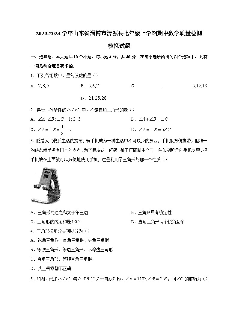 2023-2024学年山东省淄博市沂源县七年级上学期期中数学质量检测模拟试题（含答案）第1页