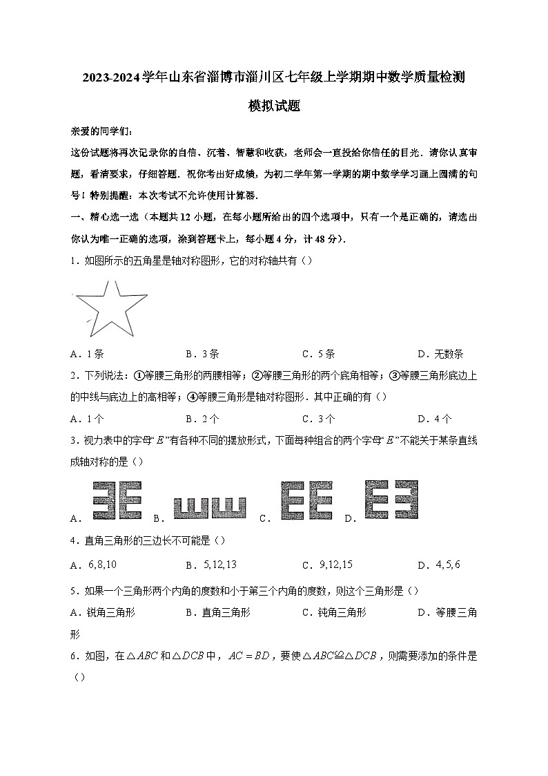 2023-2024学年山东省淄博市淄川区七年级上学期期中数学质量检测模拟试题（含答案）第1页