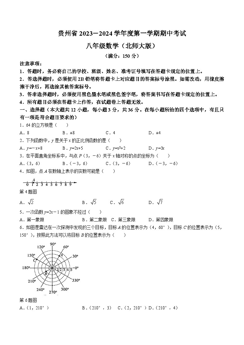 贵州省毕节市大方县黄泥塘镇中学2023-2024学年八年级上学期期中数学试题(无答案)01