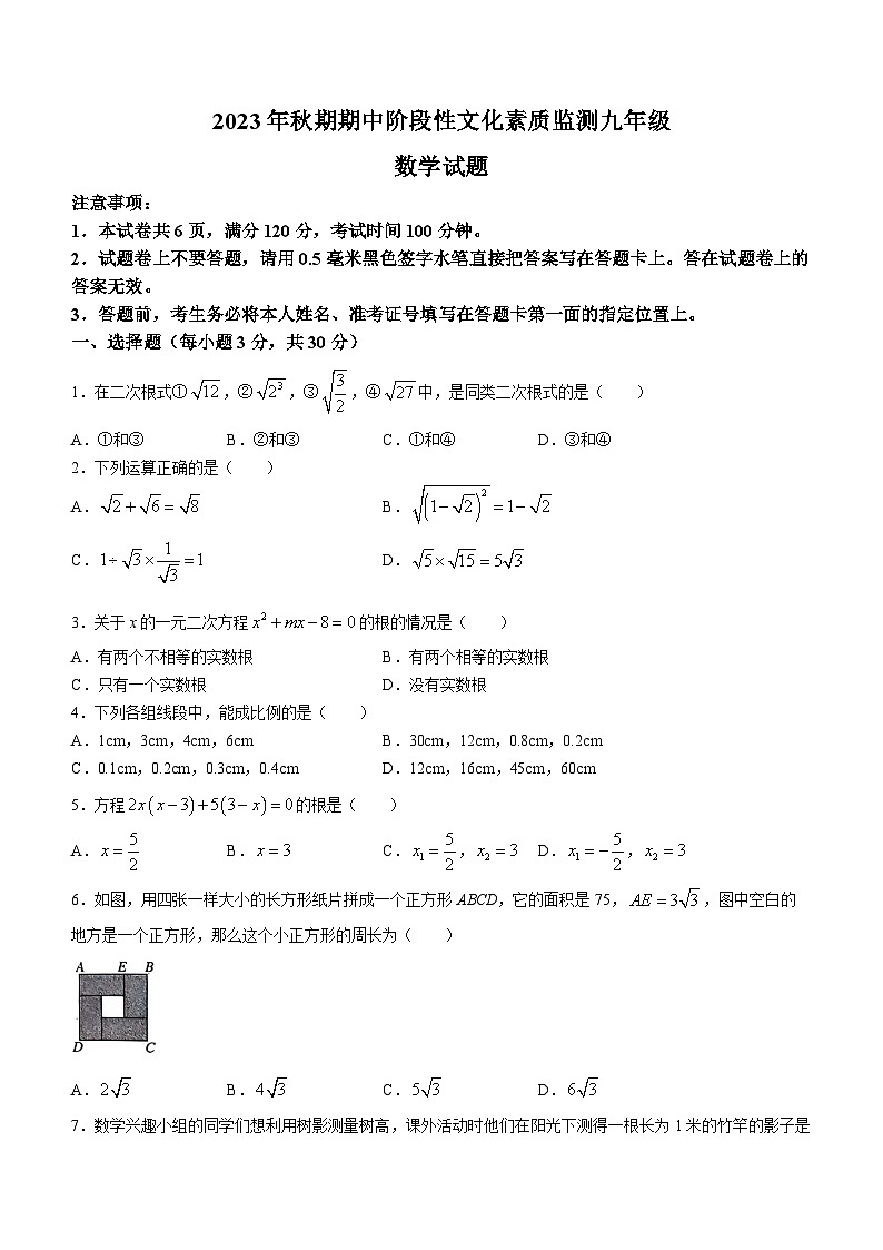 河南省南阳市唐河县2023-2024学年九年级上学期期中数学试题(无答案)01