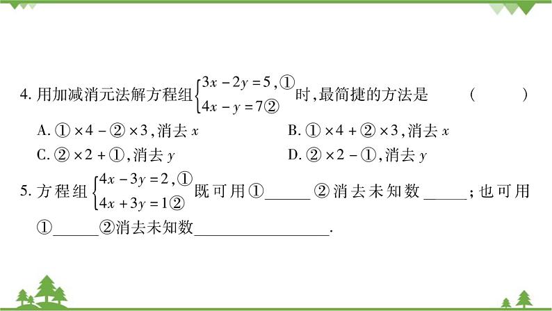 华东师大版数学七年级下册 7.2 二元一次方程组的解法第2课时 用加减消元法解二元一次方程组 课件07