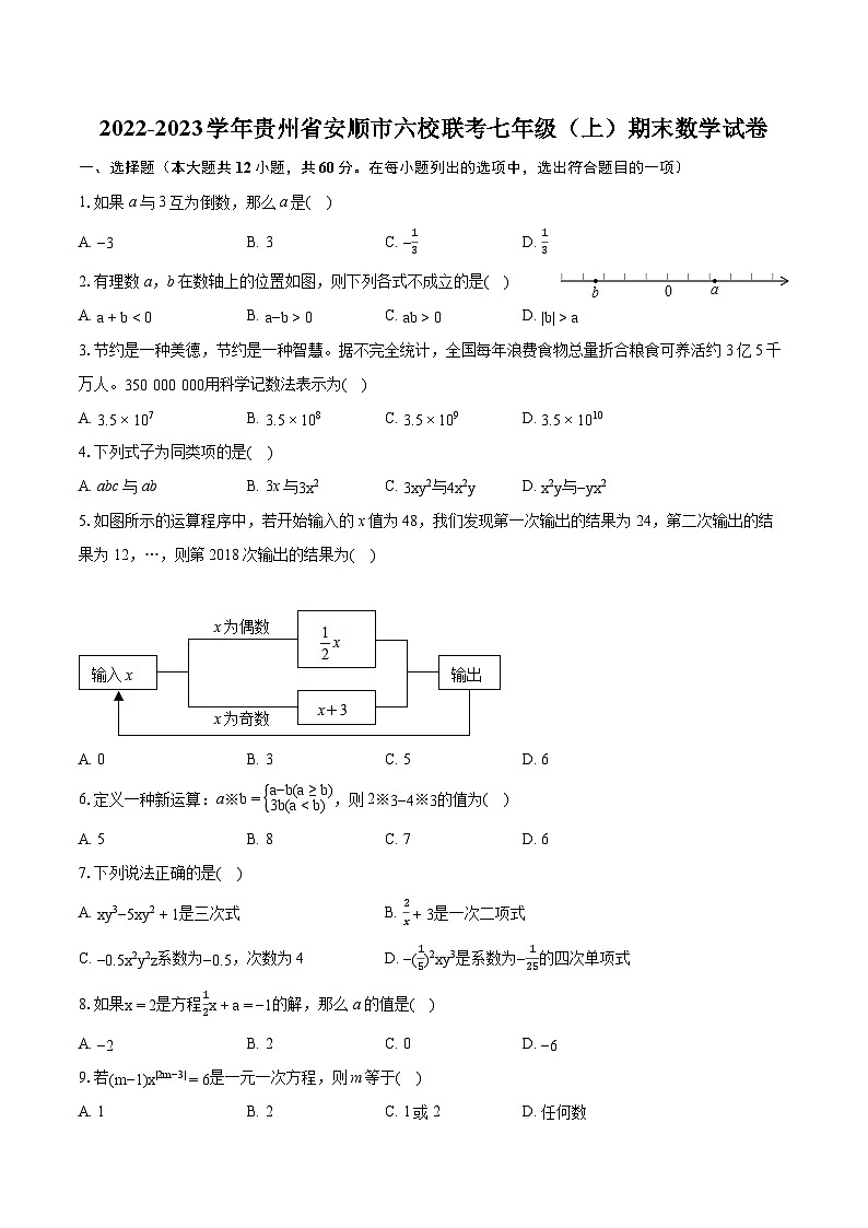 2022-2023学年贵州省安顺市六校联考七年级（上）期末数学试卷（含答案解析）第1页