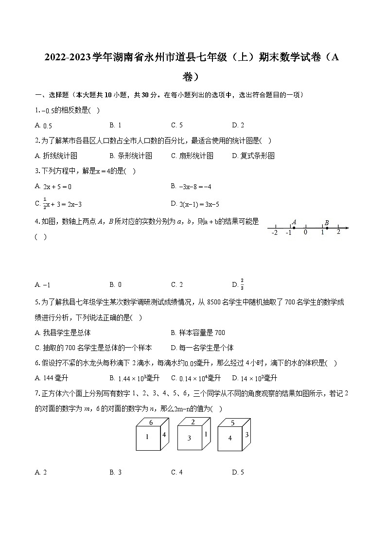 2022-2023学年湖南省永州市道县七年级（上）期末数学试卷（A卷）（含答案解析）第1页