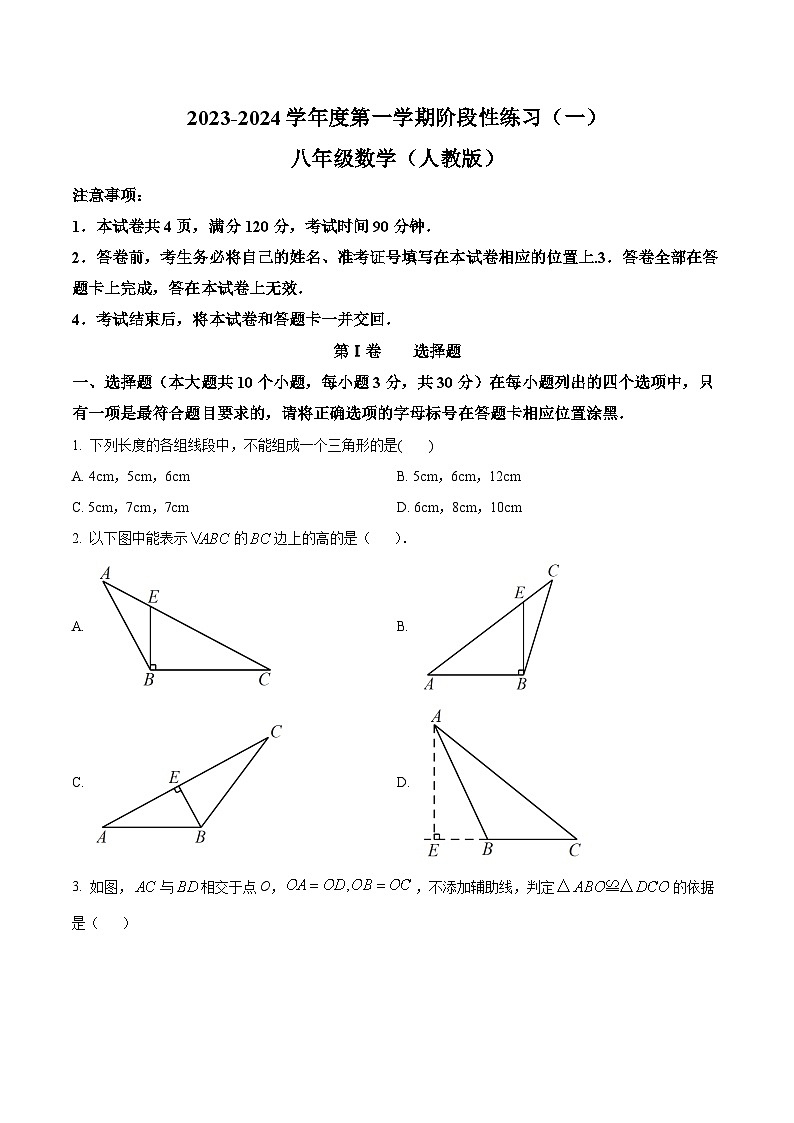 山西省朔州市右玉县2023-2024学年八年级上学期10月月考数学试卷(含解析)01