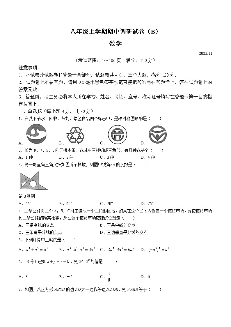 河南省安阳市林州市2023-2024学年八年级上学期期中数学试卷（B）01