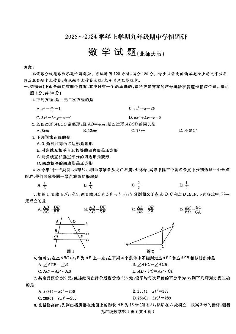 河南省项城市2023—2024学年九年级上学期期中学情调研数学试卷01