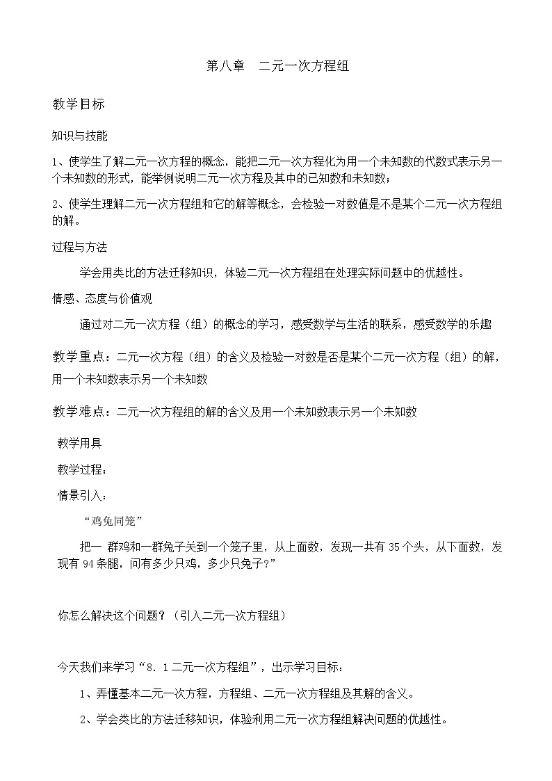 冀教版数学七年级下册 6.1 二元一次方程组(2)教案01