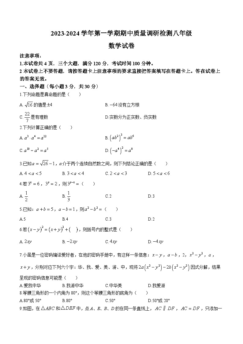 河南省洛阳市伊川县2023-2024学年八年级上学期期中数学试题01