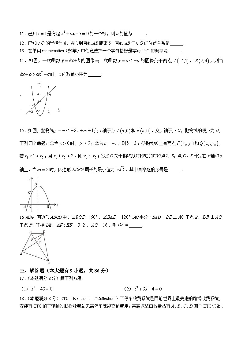 福建省厦门大学附属科技中学2023-2024学年九年级上学期期中数学试题03