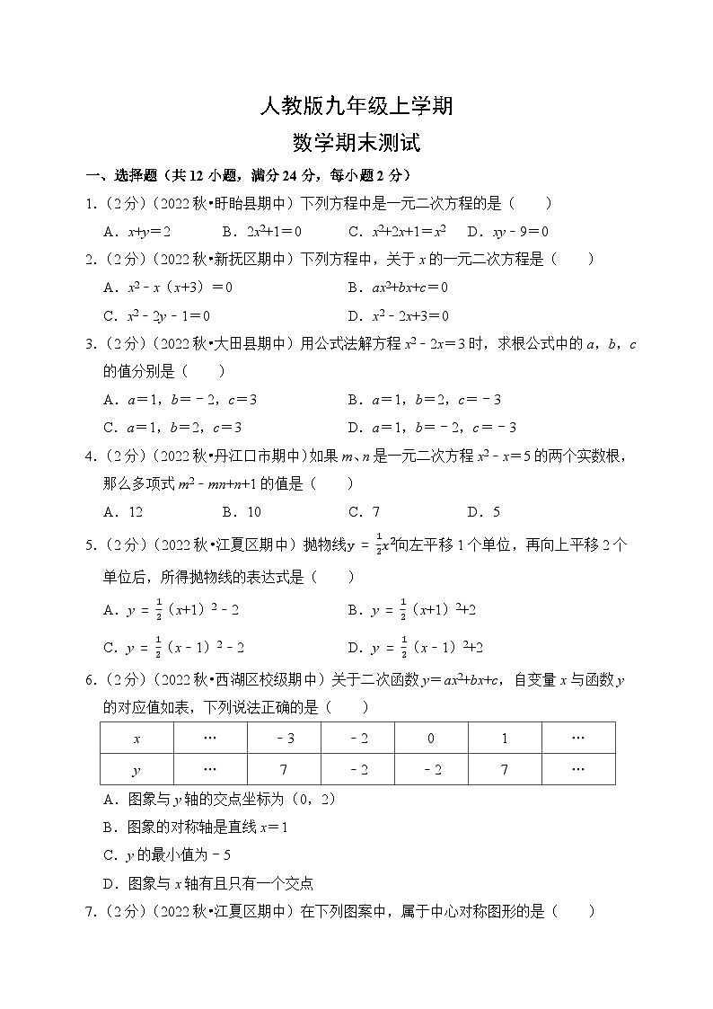 人教版数学9年级上册期末测试1第1页