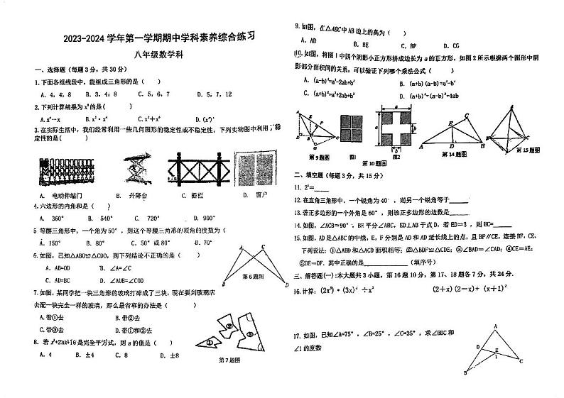 广东省江门市蓬江区杜阮镇杜阮中心初级中学2023-2024学年八年级上学期期中考试数学试题第1页
