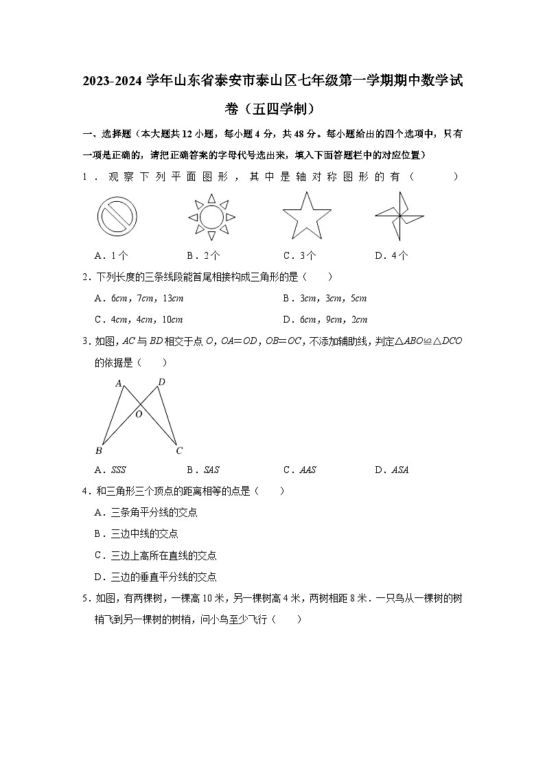 山东省泰安市泰山区2023-2024学年七年级上学期期中数学试卷（五四制）01