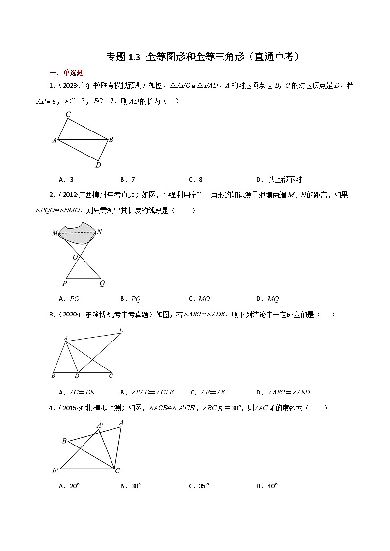 专题1.3 全等图形和全等三角形（直通中考）-2023-2024学年八年级数学上册专题讲与练（苏科版）01