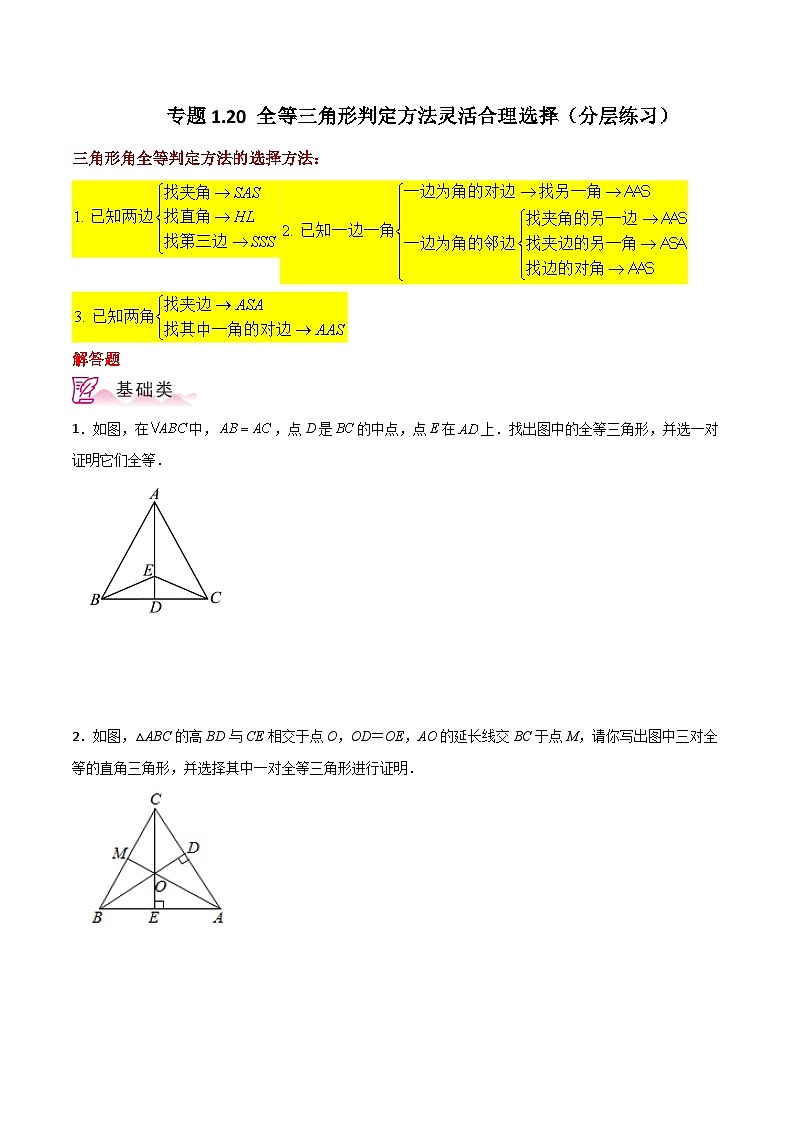 专题1.20 全等三角形判定方法灵活合理选择（分层练习）-2023-2024学年八年级数学上册专题讲与练（苏科版）01