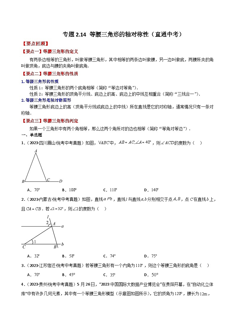 专题2.14 等腰三角形的轴对称性（直通中考）-2023-2024学年八年级数学上册专题讲与练（苏科版）01