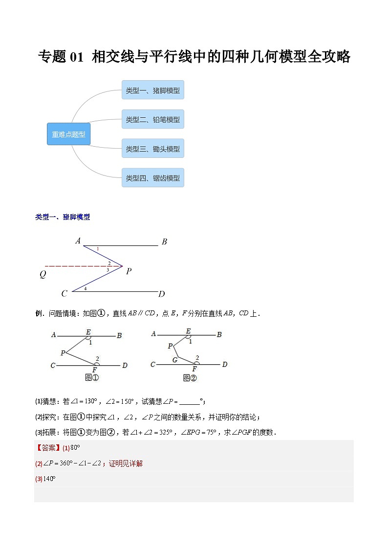 2023年初中数学7年级下册同步压轴题专题01 相交线与平行线中的四种几何模型全攻略（学生版+教师版）01