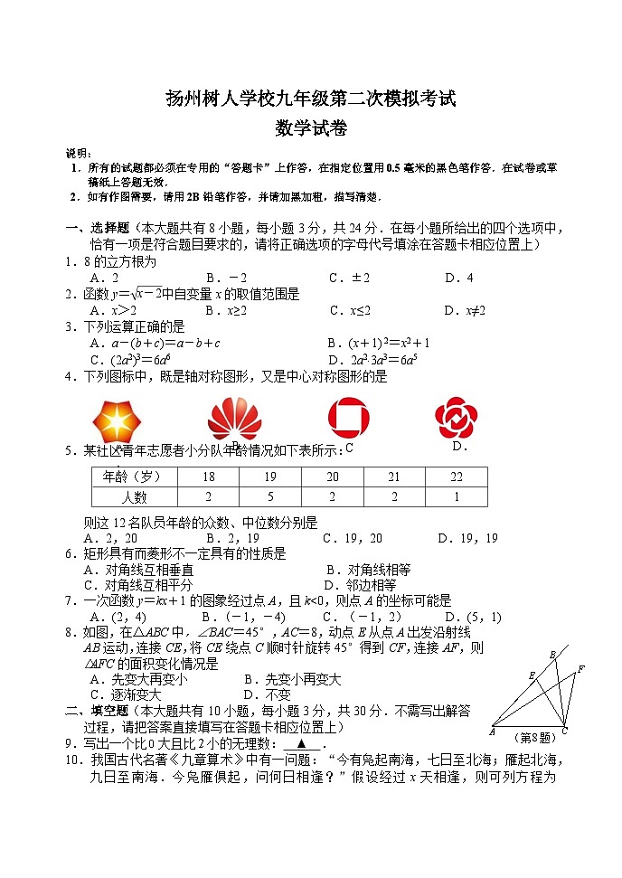 江苏省扬州树人学校2022届中考数学二模试卷及答案01
