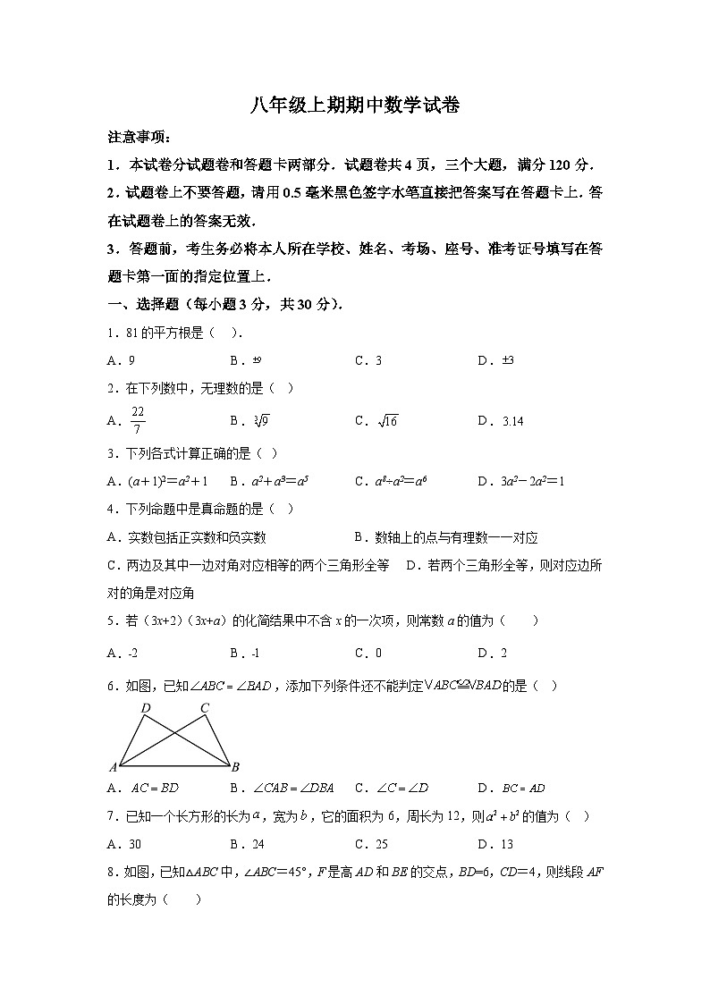 河南省新乡市辉县市2023-2024学年八年级上学期期中数学试题（含解析）01