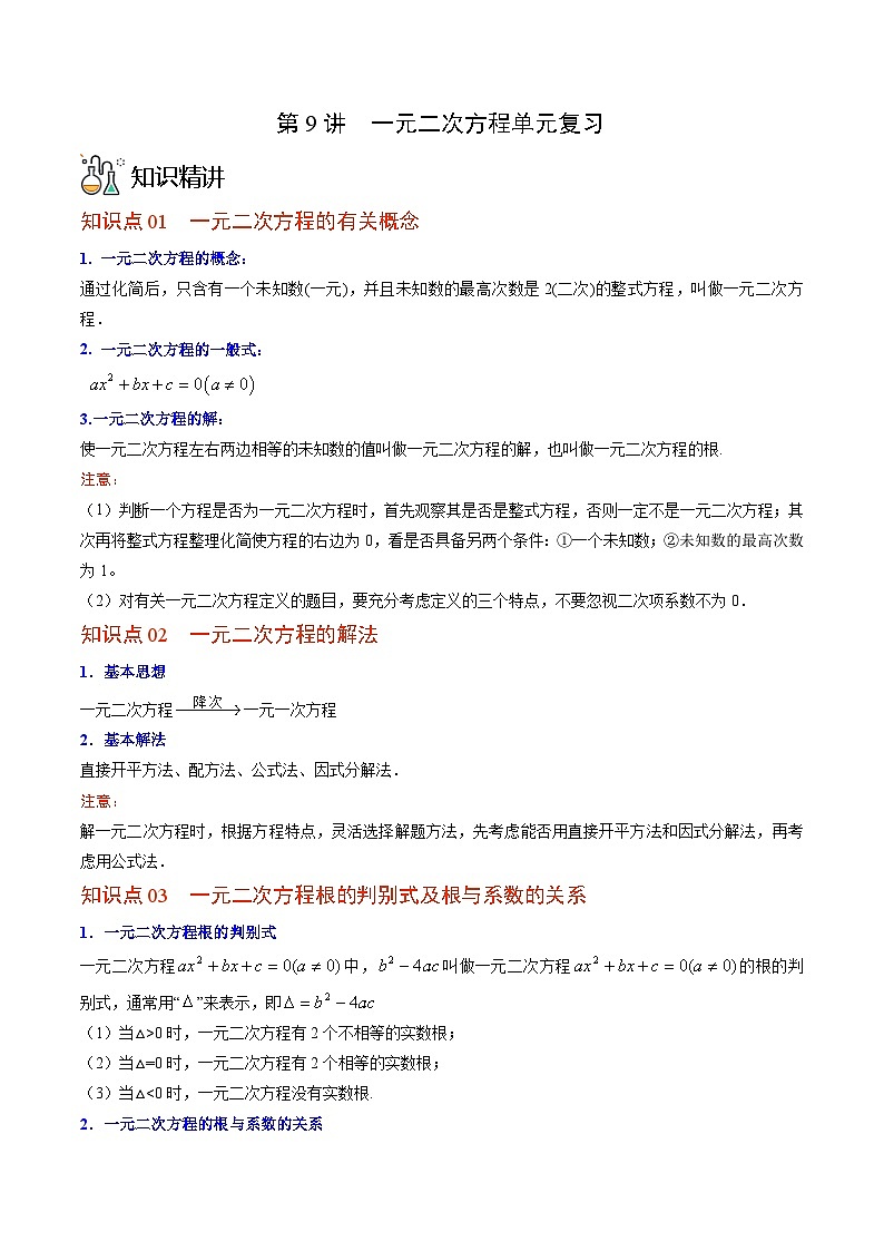 九年级数学上册同步精品讲义 第9讲 一元二次方程单元复习（北师大版）（原卷版）第1页