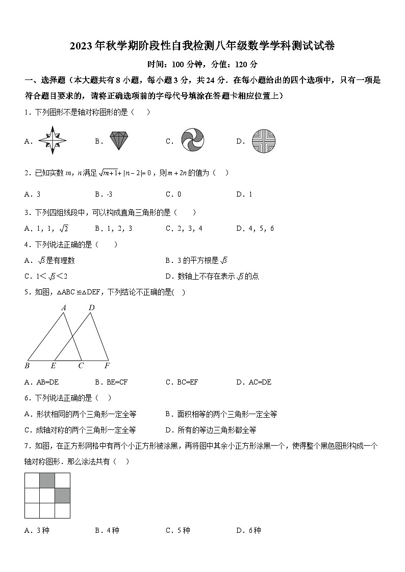 江苏省盐城市射阳县2023-2024学年八年级上册期中数学试题（含解析）01