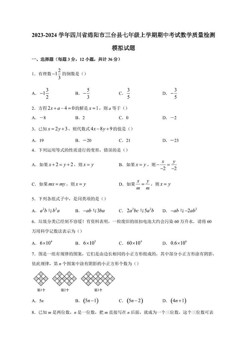 2023-2024学年四川省绵阳市三台县七年级上学期期中考试数学质量检测模拟试题（含答案）第1页