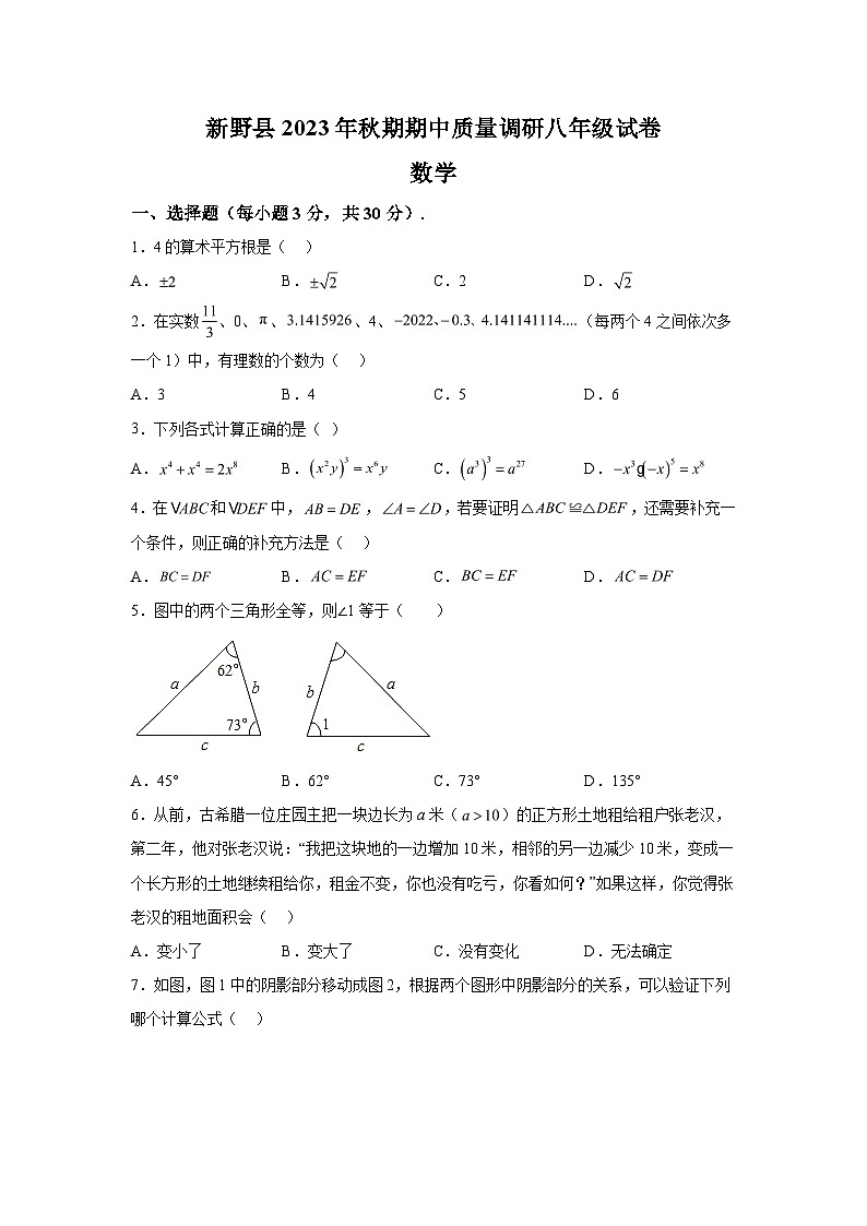 2023-2024学年河南省南阳市新野县八年级上册期中数学试题（含解析）01