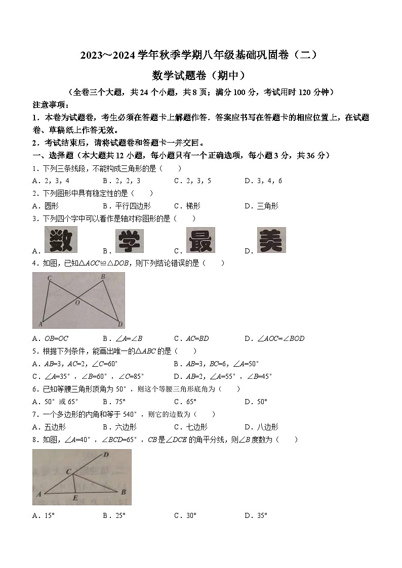 云南省昭通市巧家县大寨中学2023-2024学年八年级上学期期中数学试题01