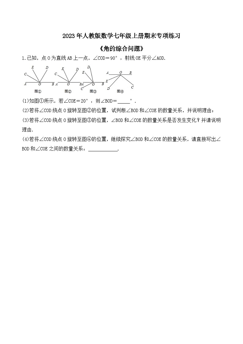 2023年人教版数学七年级上册期末专项练习《角的综合问题》（含答案）第1页