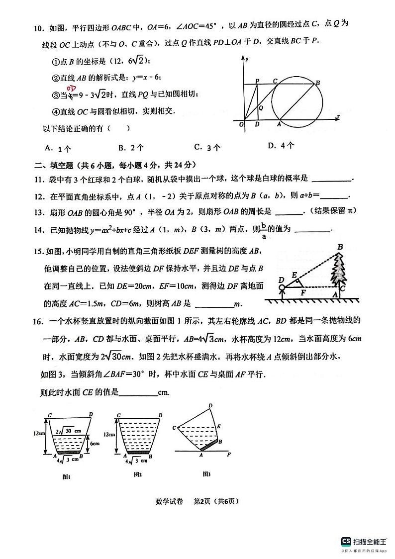 福建省厦门第一中学2023-2024学年九年级上学期数学12月月考试卷第2页