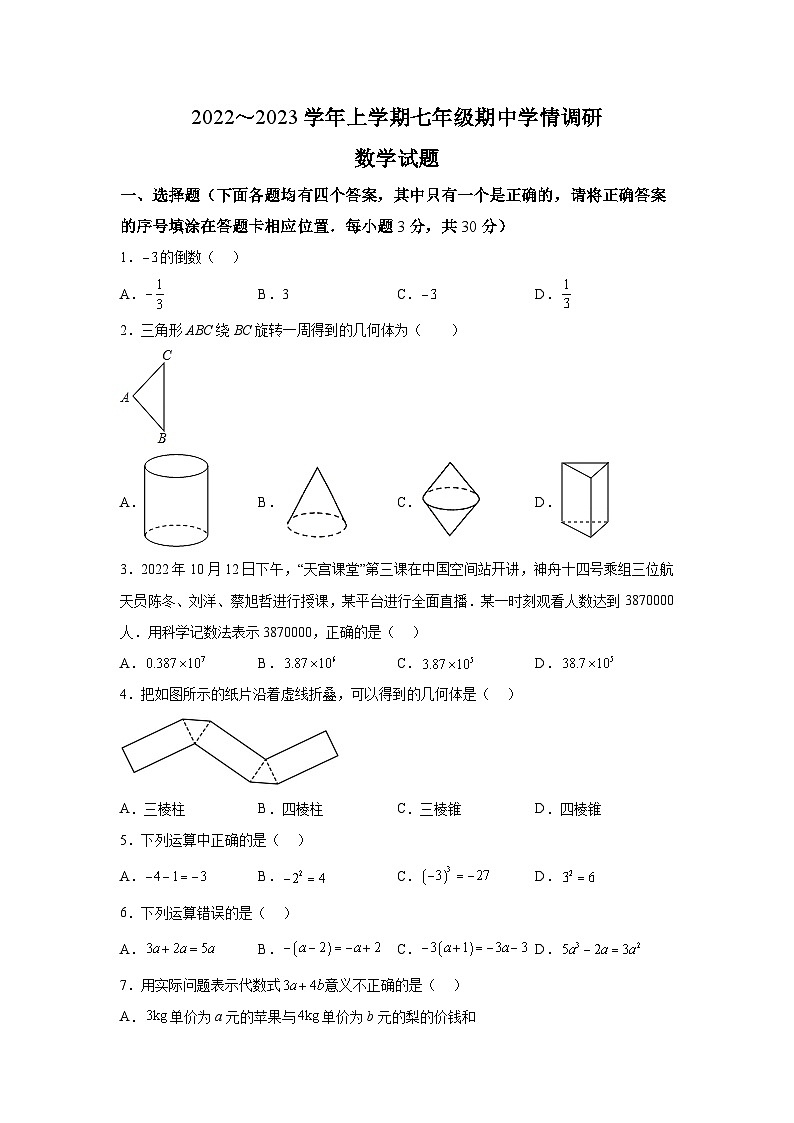 河南省周口市项城市2023-2024学年七年级上学期期中数学试题（含解析）第1页