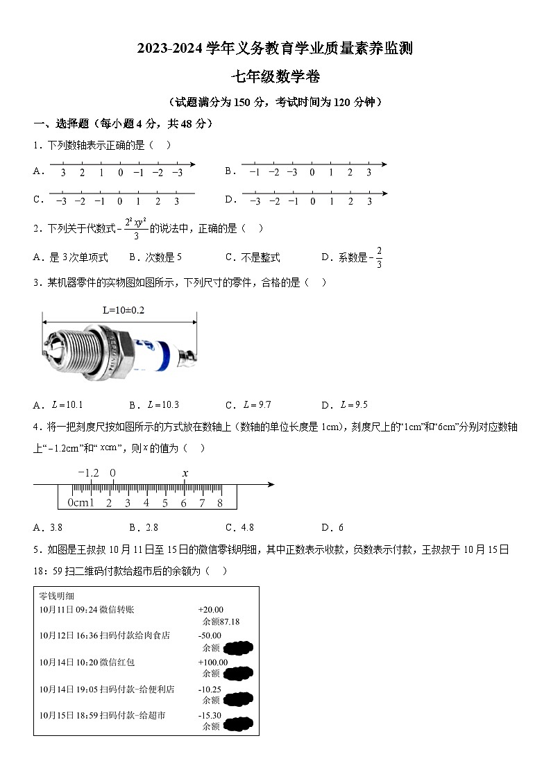 山东省德州市陵城区2023-2024学年七年级上学期期中数学试题（含解析）01